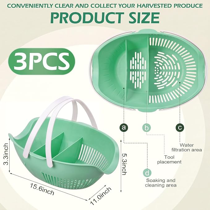 Nuogo 3 Pcs Garden Harvest Basket Removable Partitions with Tool Caddy for Collecting Carrying and Cleaning Harvesting Basket Doubles Colander for Vegetables and Fruits Garden Accessories (Sage Green)