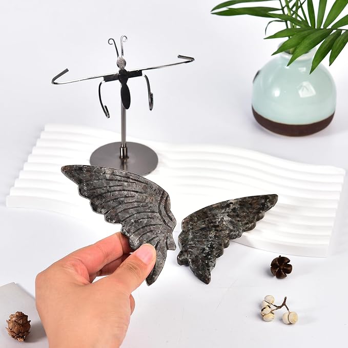 JIC Gem Natural Flame Yooperlite Stone Crystal Butterfly Art Decorative Healing Crystal Slices Carved Angel Wings with Silver Stand Office Home Decor Reiki Gifts (1pair, 10cm)