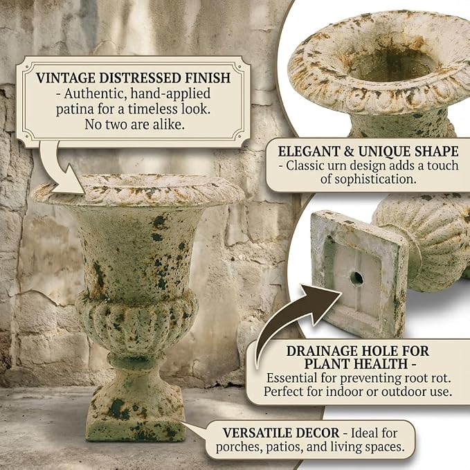 Small 9.1'' H Vintage Urn Planter, Distressed Retro Tabletop Flower Pot with Drainage Hole, Lightweight Decorative Pedestal Planter for Indoor Plants, Office Desk, Shelf, Patio Table Decor