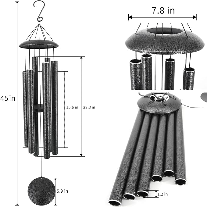 ASTARIN Wind Chimes Outdoor Deep Tone,45-Inch Memorial Wind Chimes Large with 6 Heavy Tubes,Unique Windchimes Outdoor for Garden Hanging Decor,Sympathy Gifts,Black Grey