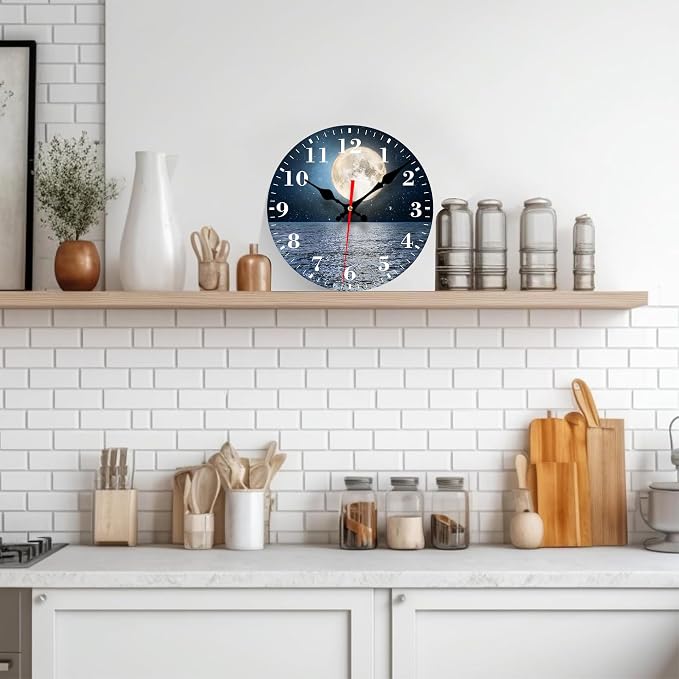 Wall Clocks Battery Operated, Full Moon Over The Sea Silent Non Ticking Decorative Indoor Outdoor Wall Clocks for Living Room Kitchen Bedroom Bathroom 12"