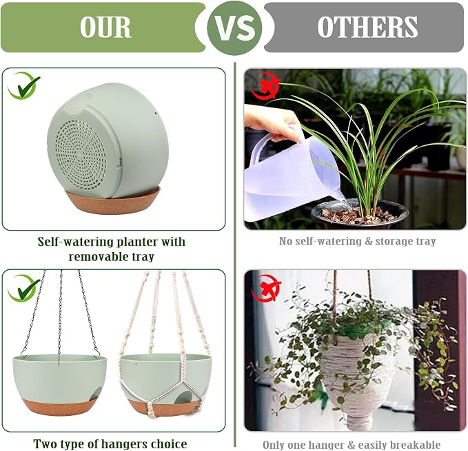 Hanging Planters for Outdoor Indoor Plants, 2 Pack 12 Inch Hanging Basket Plants Outdoor, Self Watering Hanging Planter with Plant Hanger for Garden Home Decoration (2 Type Plant Hangers Green)