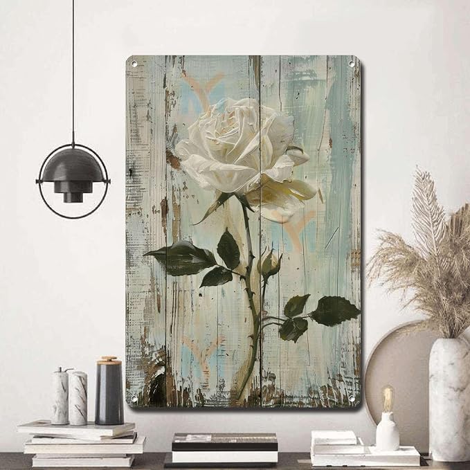 Metal Sign Tin Sign Vintage Wall Art Antique Rose Wall Art Tin Sign for Easy Installation Weather Resistant Design and Rustic Charm Metal Garden Signs for Pub 6×8 Inches