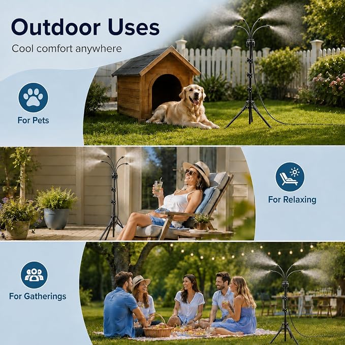 Upgraded Standing Misters for Outside Patio, 6FT Height Adjustable Outdoor Misting System, Portable Cooling Mister with Tripod, Brass Nozzles & 26FT Hose, Sprinkler for Tanning Backyard, Garden, Pets