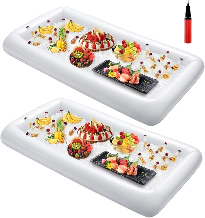 HBlife 2 PCS Inflatable Cooler, Ice Serving Tray Salad Bar Food Drink Containers with Drain Plug and Hand Air Pump, Inflatable Buffet Cooler for Party Supplies