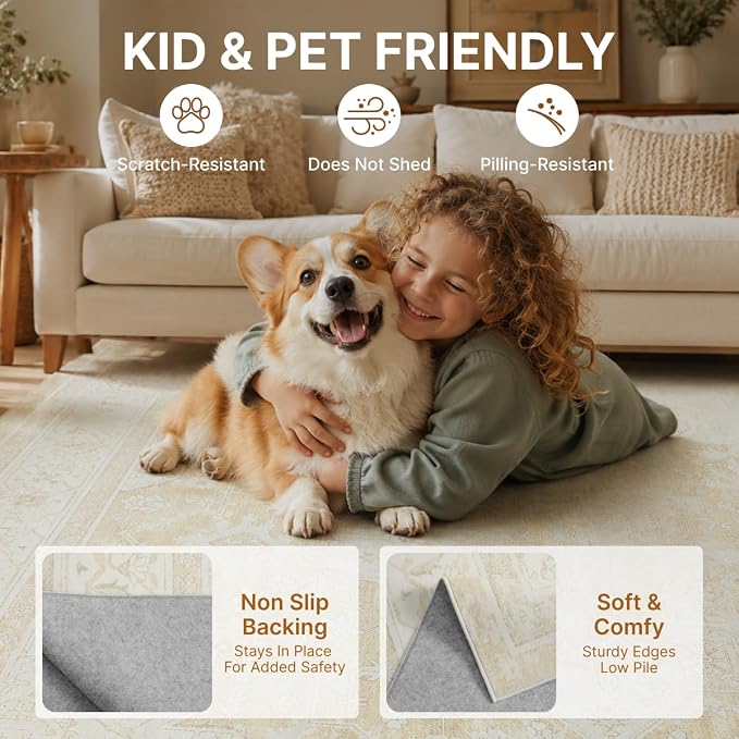 8x10 Area Rugs Living Room: Bedroom Vintage Washable Carpet Beige | Large Non-Slip Soft Rugs Stain Resistant Printed Rug Indoor Carpet for Bedroom Kitchen Dining Room Nursery Playroom Home
