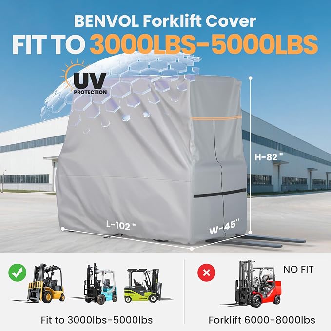 BENVOL Forklift Cover, Fit 3000-5000lbs, Waterproof, Dustproof, UV-Proof, 420DSilver-Coated Waterproof Oxford Cloth, All-Season Protection Forklift Cab Cover, (102 "*45" *82 "Inches)