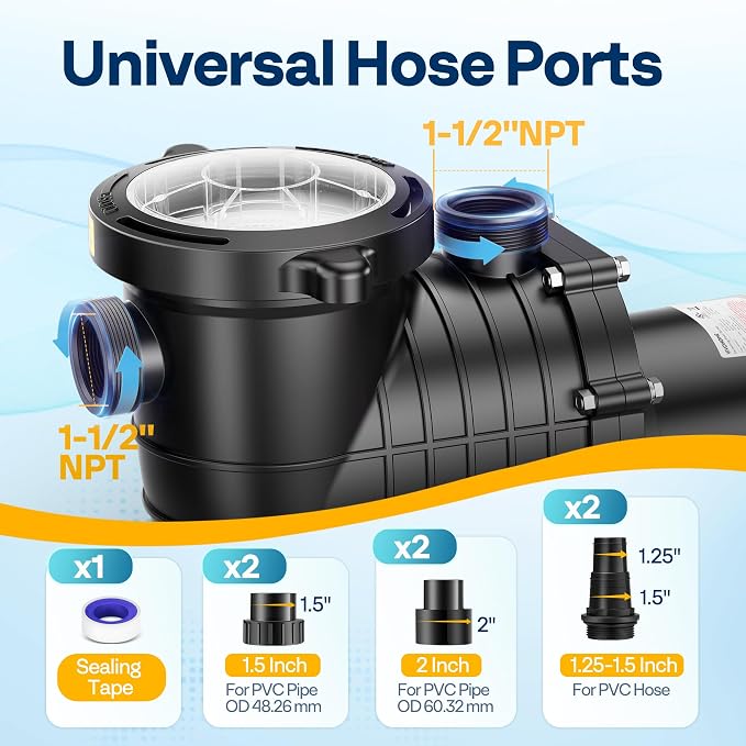 VIVOHOME 2.0HP In/Above Ground Pool Pump, 115V/230V 6800GPH Self-Priming | High Flow Energy Efficient Motor - 1.5", 2", and 1.25"-1.5" Connectors w/Strainer Basket