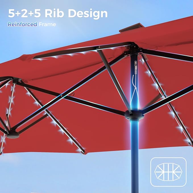 SUPERJARE 13ft Outdoor Patio Umbrella with Solar Lights, Double-sided Deck Pool Umbrella with 1.5 Inch Pole, Fade Resistant Canopy, 12 Sturdy Ribs, for Porch, Market, Backyard, Burgundy(No Base)