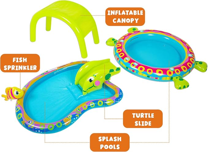 Banzai Shade 'N Slide Turtle Inflatable Outdoor Kiddie Splash Pool with Fish Sprinkler, Removable Canopy, and Mini Slide for Ages 3+