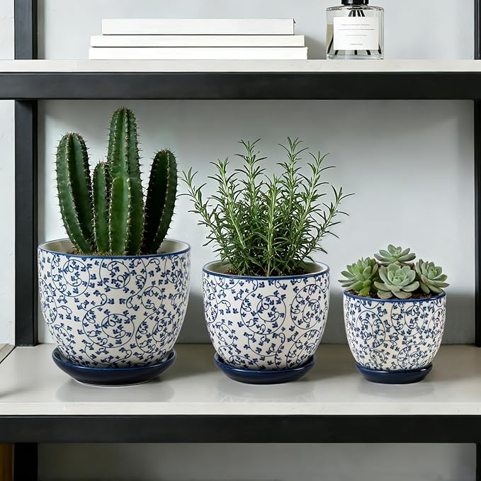 Ceramic Plant Pots - 3.5"+4.5"+5.6" Flower Pots with Drainage Holes and Saucers - Planters for Indoor Plants Orchid, Cactus, Herbs, Succulent, Home Office, Set of 3, Vintage Blue, Scroll