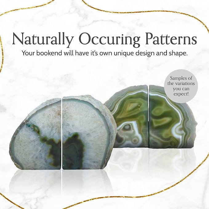 Nature's Decorations Agate Stone Bookends - A Quality Green Geode with Non-Skid Rubber Bumpers for Shelves, Office, Home Decor, Heavy Duty Cute Stone (2-3 LB)