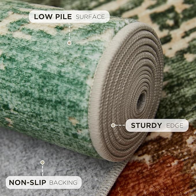 Joydeco 6x9 Area Rugs for Living Room, Non-Slip Modern Abstract Soft Washable Rug, Low Pile Carpet for Bedroom, Dining Room, Home Office, Pet & Child Friendly, Green & Orange & White