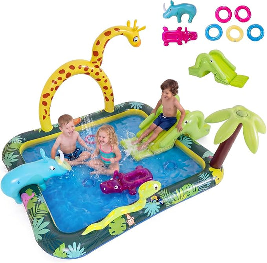 GLACER Inflatable Kiddie Pool, Outdoor Splash Pad with Slide & Sprinkler | Jungle Adventure Toddler Swimming Pool with Ring-Toss Game, Water Play Center for Backyard, Garden, 70"L x 54.5"W x 82"H