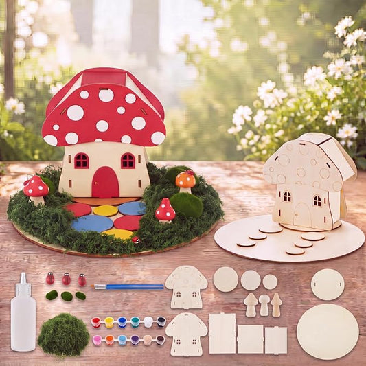 Kathfly 2 Sets Wooden Fairy House DIY Craft Kit for Kids with Paints & Decorations,Unpainted Miniature Garden Accessories for Home Event Party Decorations, Arts Birthday Party Favor (Mushroom Houses)