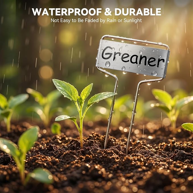 Greaner 10 Inch High Plant Tags, 30 Packs Garden Markers Waterproof with Permanent Pen and Rainproof Pet Films, Metal Plant Labels for Potted Plants Flowers Herbs Vegetables(2.6" x 10", Silver)