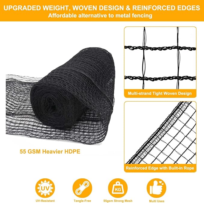 Deer Fence Netting, Plastic Mesh Fence 7x50ft - 55gsm Heavy Duty Black Plastic Deer Fencing Temporary Garden Fence Netting for Yard Protection from Deer Dog Chicken Critter Barrier - Reinforced Edge