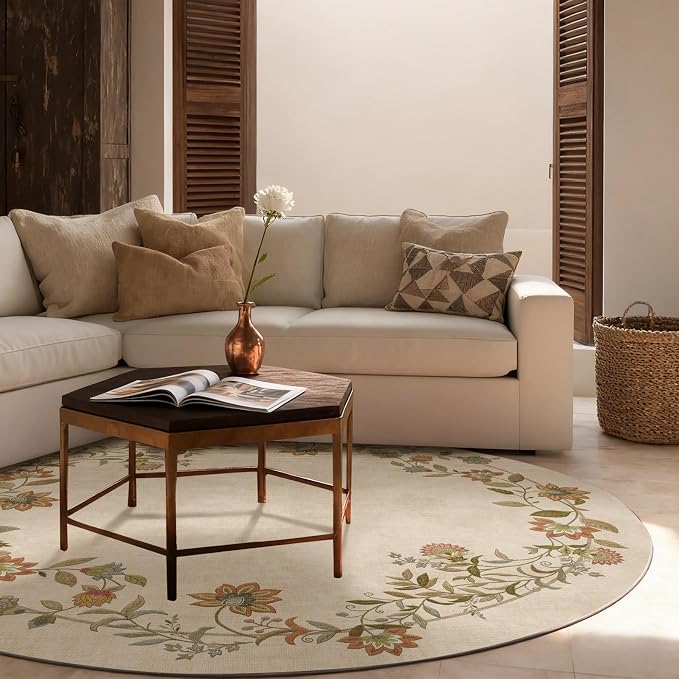 Washable Bedroom Round Rug 4ft: Living Room Rug Stain Resistant Non Slip Low Pile Ultra Soft Faux Wool Circle Area Rugs for Bedroom Kitchen Entryway Kids Room Bathroom Entrance Nursery Dorm Office