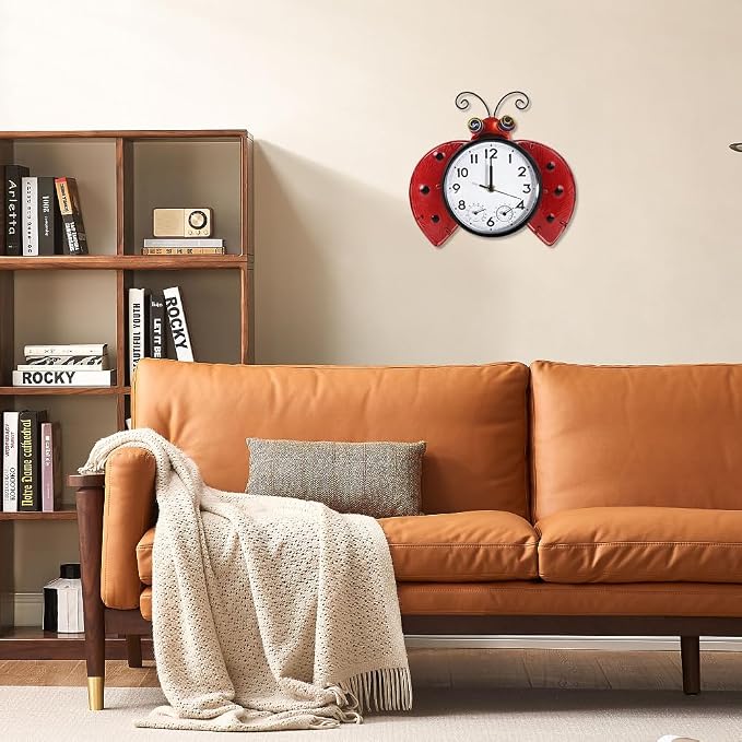 Outdoor Clock with Thermometer and Hygrometer Combo, 13 Inch | Silent No-Ticking, Wall-Mounted Clock Waterproof for Patio, Living Room, Kitchen, Red