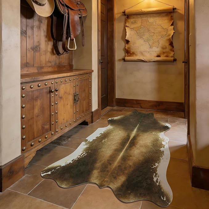 Washable Non Slip Faux Cowhide Rug 2x3 Brindle and White, Small Indoor Front Door Entryway Mat, Western Rustic Cottagecore Decor Animal Print Throw Layering Rug for Dorm Room