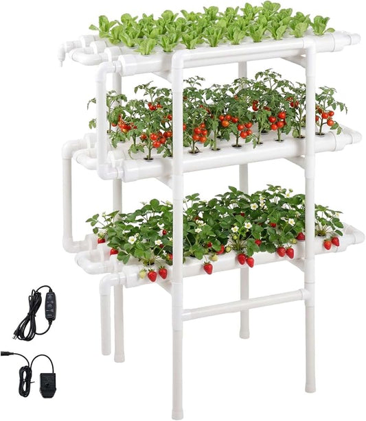 VEVOR Hydroponics Growing System Kit, 3-Tier 108 Sites UPVC Pipe Hydroponic Grow Kit with Timed Irrigation, Sun & Light Blocking Pipes, Indoor Home Garden Vegetable Planting Grow Kits for Fruit Herb