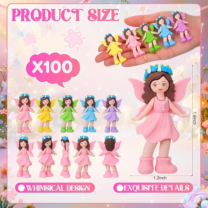 Chunful 100 Pcs Mini Fairy Figurines Miniatures Garden Fairies State Small Fairy Accessories Ornament for Outdoor Yard Garden Flower Pot Birthday Cake Toppers Car Gift to Hide and Seek