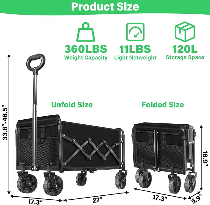 Collapsible Wagons Carts Foldable Wagon,360lbs Folding Wagon Cart with Wheels, Lightweight Foldable Cart with Drink Holders for Camping Picnic Grocery Shopping Garden Travel Sports