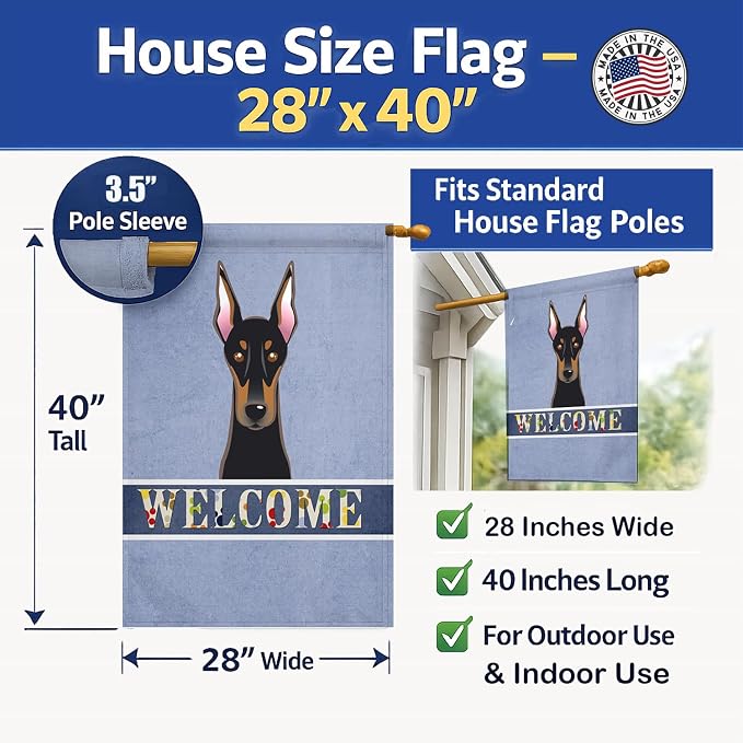 Caroline's Treasures BB1431CHF Doberman Welcome House Flag, Blue Large Porch Sleeve Pole Decorative Outside Yard Banner Artwork Wall Hanging, Polyester, House Size, Multicolor