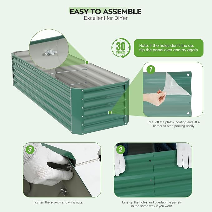 6×2×1.4ft Galvanized Raised Garden Bed Kit, Metal Planter Boxes Outdoor, High Raised Beds for Vegetables, Fruits, and Flowers - LotusGreen