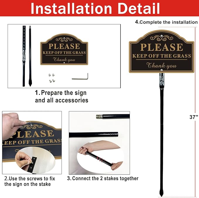 2-Pack Keep Off The Grass Signs, with 36"Tall Metal Stakes, 8x12 Inches Aluminum Yard Signs, Black and Gold ﻿