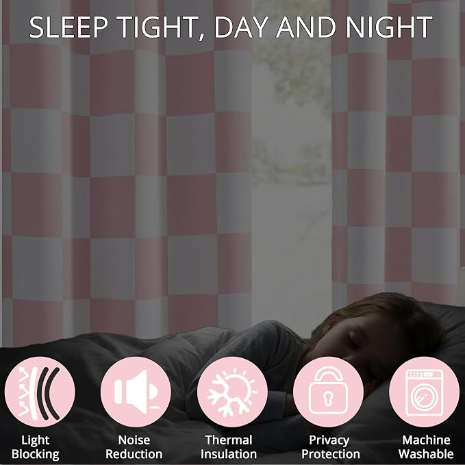 100% Blackout Checkered Curtains – 2 Panels, Each W52×L96, Thermal Insulated, Nosie Reducing for Bedroom, Modern Pink and White Checkerboard Design for Girls Room