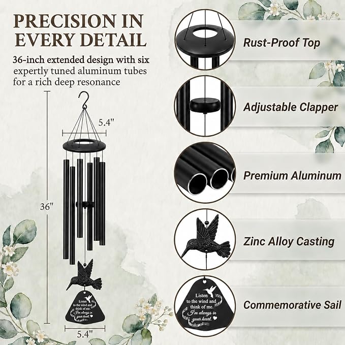 36" Memorial Wind Chimes for Outside, Sympathy Gift for Loss of Loved One, Hummingbird Wind Chime for Mom Dad, Bereavement Remembrance Funeral Condolence Gift（Black）