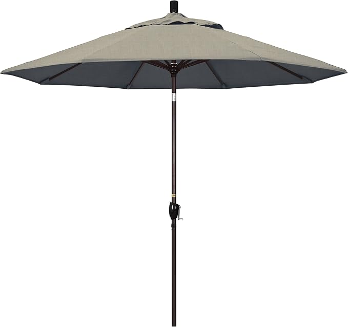 California Umbrella 9' Round Aluminum Market Umbrella, Crank Lift, Push Button Tilt, Bronze Pole