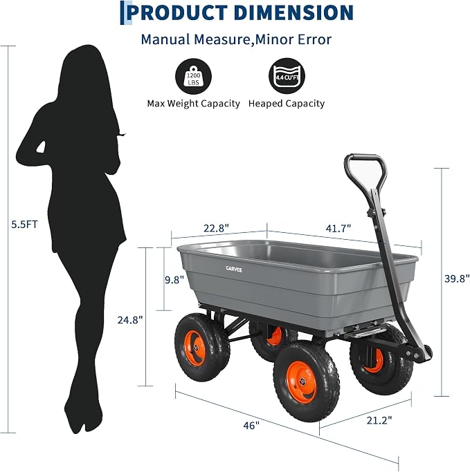 GarveeLife Poly Garden Dump Cart, 1200 lb Wheelbarrow Yard Cart with 13 in Wheels, Quick-Dump & Towable Utility Wagon for Yard, Soil, Rocks（Gray）