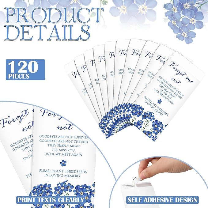Fumete 120 Pack Forget Me Not Seed Mini Envelopes Resealable Seed Organizer Storage Bag Funeral Celebration of Life Packets for Memorial Day Veterans Day Funerals Loss of Loved One, 3.9 x 2.4 Inch