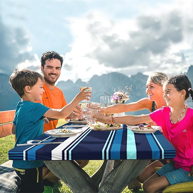 Picnic Table Cover with Bench Covers Elastic Edges, Blue Stripes Camper Fitted Table Cover, Outdoor Patio Camping Essentials 72 Inch 3PCS, Waterproof Camping Fitted Tablecloth with Drawstring Bag