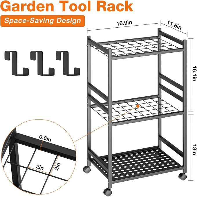 Garden Tool Organizer with Wheels, Heavy-Duty Yard Tool Rack with 3 Side Hooks, Holds Up to 40 Long-Handled Tools, Metal Garage Tool Storage for Lawn & Outdoor Organization