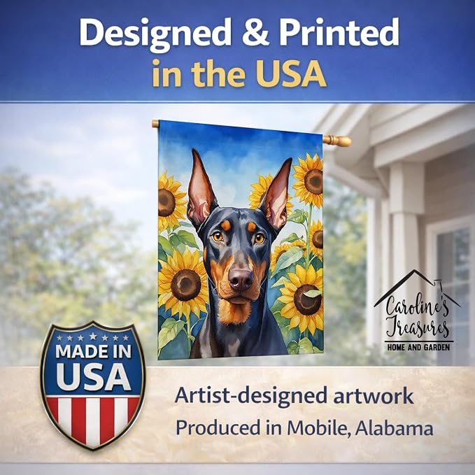 Caroline's Treasures DAC6068CHF Doberman Pinscher in Sunflowers House Flag Large Porch Sleeve Pole Decorative Outside Yard Banner Artwork Wall Hanging, Polyester, House Size, Multicolor