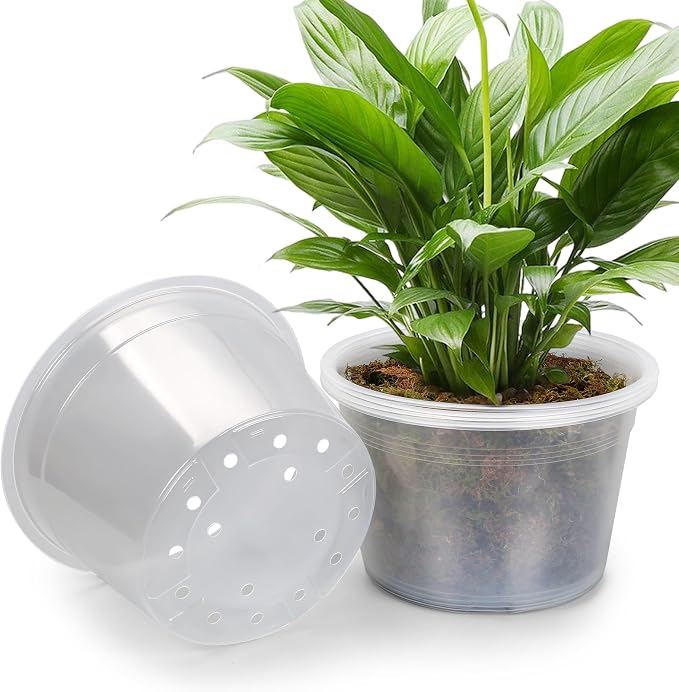 5 Pack 12 Inch Large Clear Nursery Pots with Drainage Hole, Plastic Plant Pots for Seedlings Flowers Vegetable, Indoor Outdoor Gardening, Used as Liners Inside Decorative Pots (12 Inch)