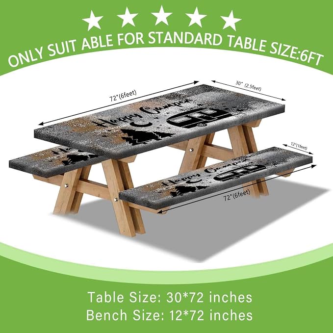 Picnic Table Cover with Bench Covers Elastic Edges, Black Grey Happy Camper Fitted Table Cover, Outdoor Patio Camping Essentials 60 Inch 3PCS, Waterproof Camping Tablecloth with Drawstring Bag