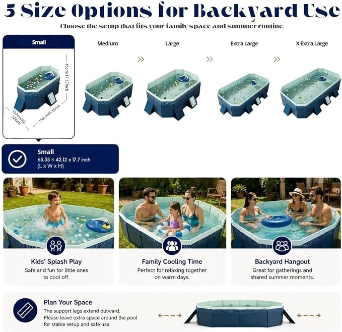 65.35-Inch Foldable Swimming Pool, Blue Non-Inflatable Rectangular Pool for 1-2 People, 4-Layer Composite PVC, Aluminum Alloy Frame, Dual Drains for Backyard Fun