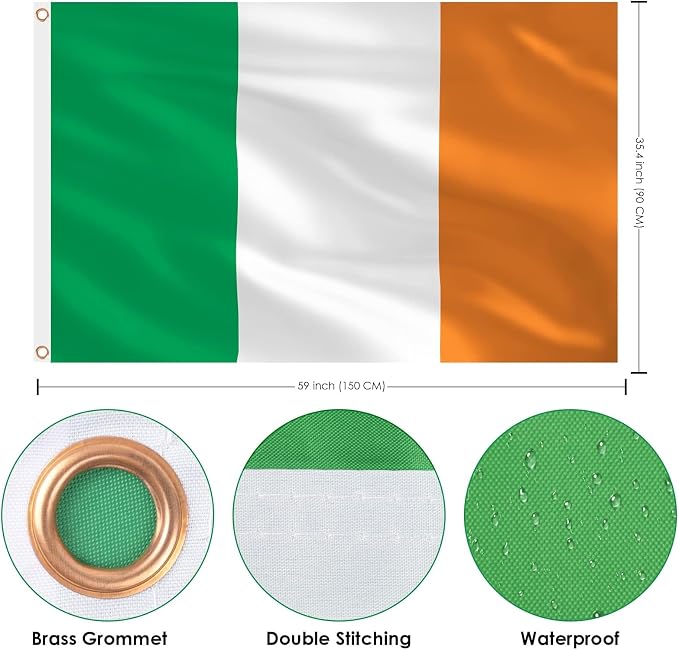 AhfuLife 2 Pcs Irish Flag 3x5 Ft, Large Ireland Flag for St Patrick's Day Decorations - Double Side with Brass Eyelets, Bar Garden Street Decoration Indoor Outdoor