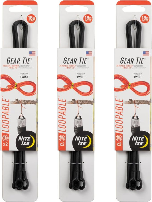 Nite Ize Gear Tie Loopable Twist Tie - Reusable & Flexible Twist Ties - Bendable Cable Ties for Gear & Cords - Loopable for Secure Fastening - 18", Black (3 Pack)