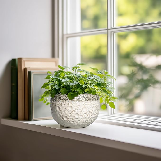 Ceramic Pots for Plants - 6 Inch Plant Pot with Drainage Hole and Plug, Round Modern Planters for Indoor Plants, Decorative Planters, Bookshelf Decor, Gifts for Plant Lovers, Beige-Grey