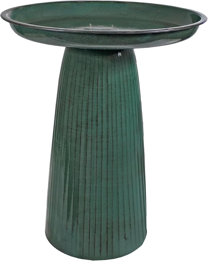 Sunnydaze Gleeful Garden 23" Iron Pedestal Bird Bath for Outside - Modern Shallow Basin Birdbath for Outdoors with UV-Protected Rust-Resistant Finish for Patio, Garden, Yard Decor - Green Glaze
