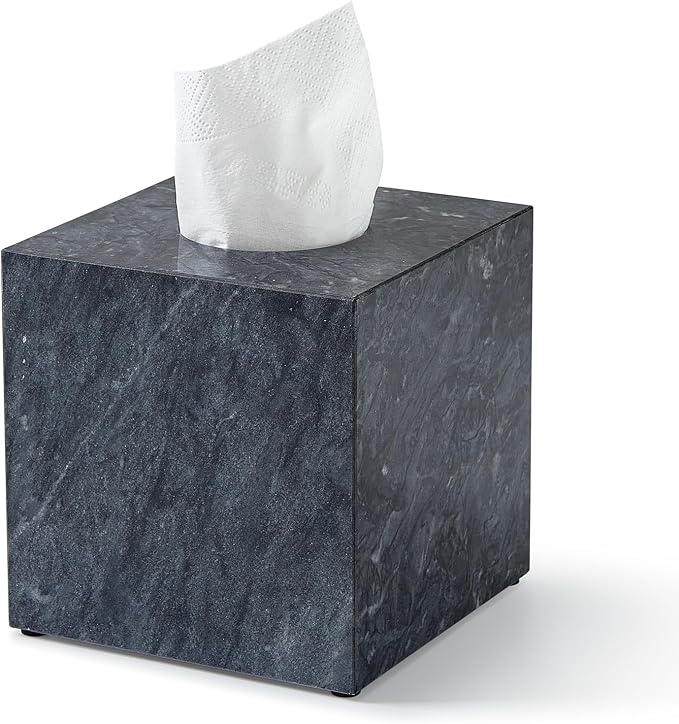 Real Natural Marble Tissue Box Cover, 5.5 Inch Square Marble Tissue Box Holder with Open Bottom, Heavy Stone Decorative Organizer for Bathroom Vanity, Kitchen Countertop, Luxury Home Décor