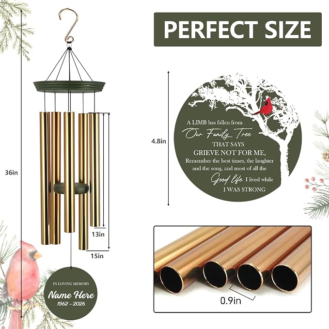 ASTARIN Wind Chimes Outdoor for The Loss of Mom Dad, Personalized Customized WindChimes for Loss of Loved One, Memorial Wind Chime as Sympathy Gift, Home Garden Patio Décor, 36''(Produced in Texas)