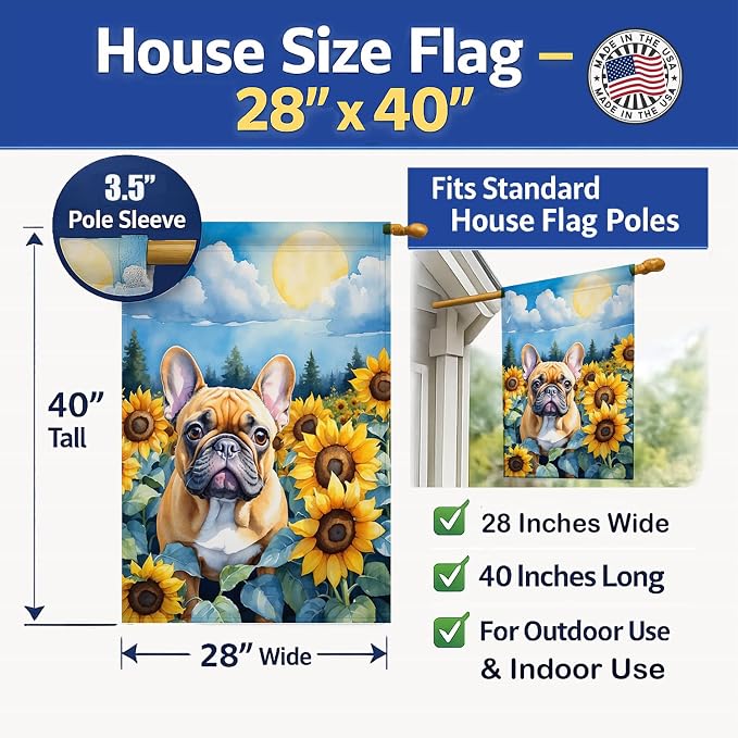 Caroline's Treasures DAC6080CHF French Bulldog in Sunflowers House Flag Large Porch Sleeve Pole Decorative Outside Yard Banner Artwork Wall Hanging, Polyester, House Size, Multicolor