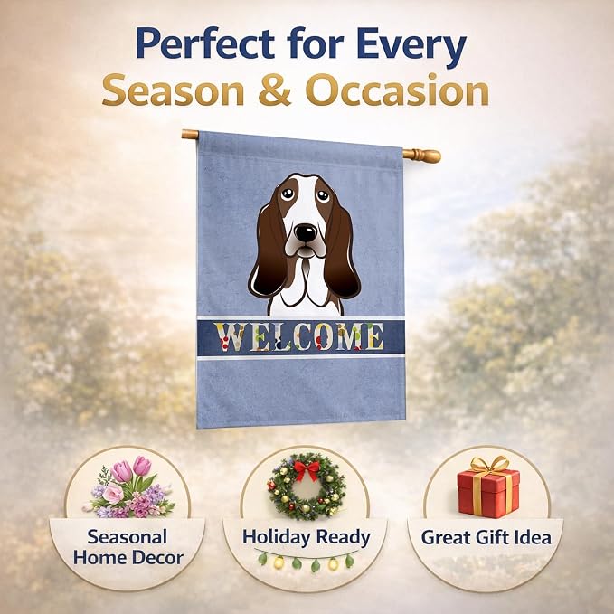 Caroline's Treasures BB1429CHF Basset Hound Welcome House Flag, Blue Large Porch Sleeve Pole Decorative Outside Yard Banner Artwork Wall Hanging, Polyester, House Size, Multicolor
