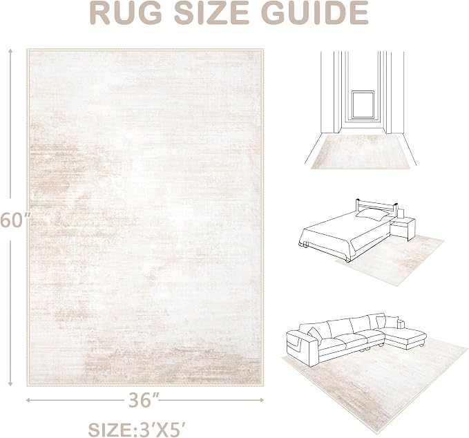Area Rug 3x5 Washable Rug: Living Room Modern Abstract Rug Soft Non Slip Neutral Rugs Stain Resistant Small Rug Indoor Door Mat for Bedroom Kitchen Nursery Hallway Entryway Office(Beige,3'x5')